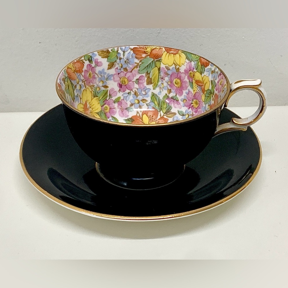 Mid Century Vintage Black Floral CLARENCE Bone China England Cup & Saucer